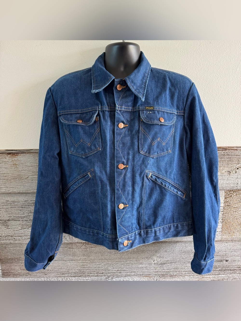 Vintage Wrangler 126MJ Denim Jacket Size 44 Made in USA Dark Wash Trucker Jacket